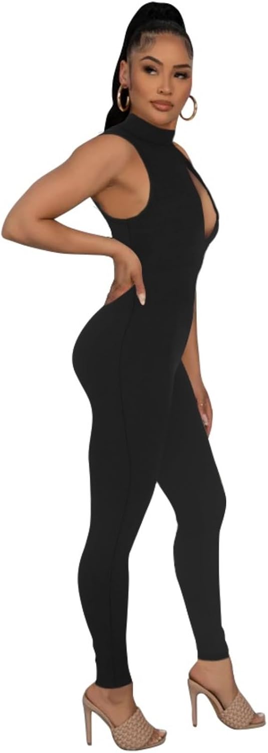 Hafailia Women's Cut out Bodycon Jumpsuit Sleeveless Mock Neck Catsuit