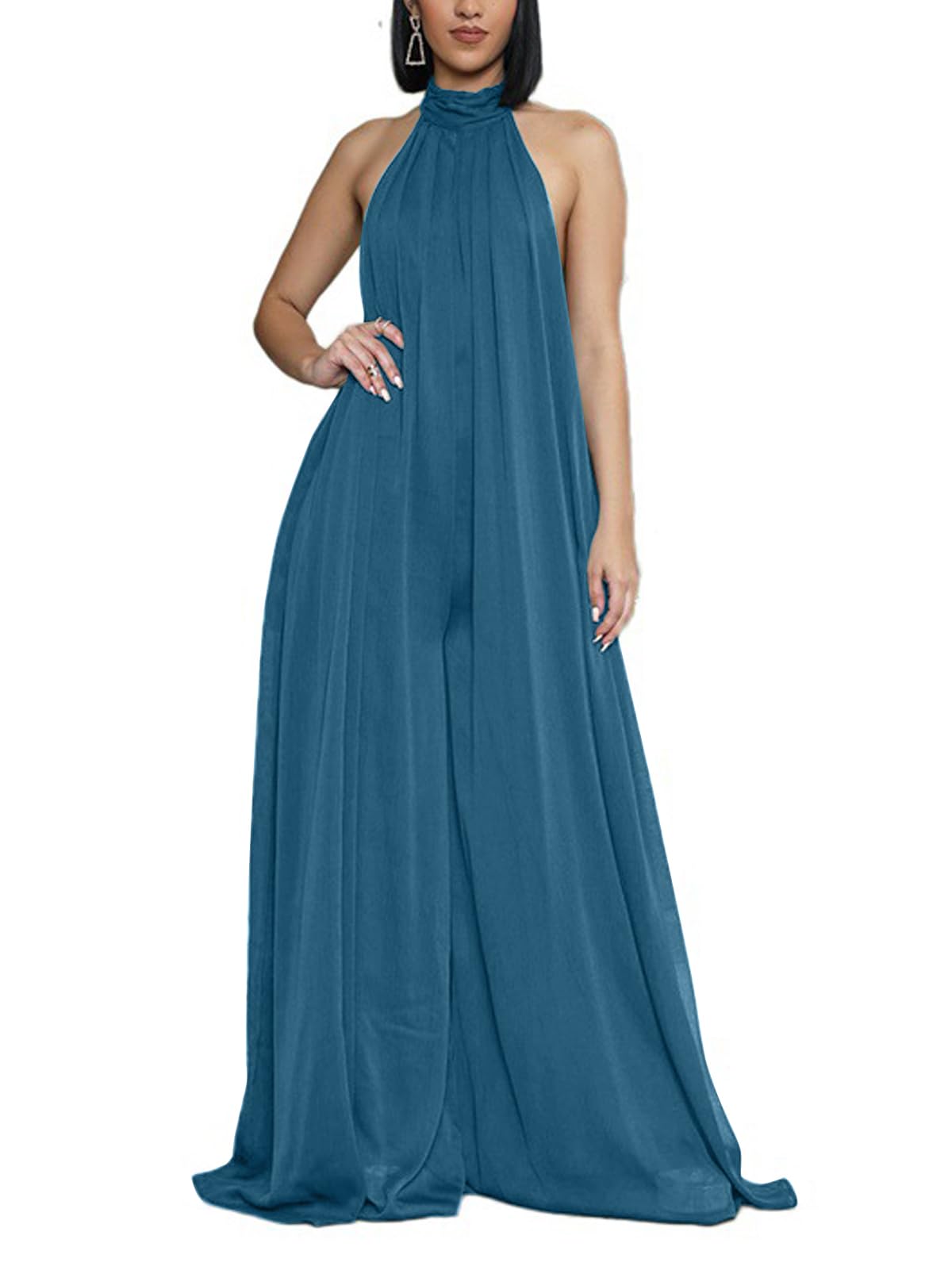Ekaliy Summer Jumpsuit for Women Dressy Chiffon Halter Neck Jumpsuits