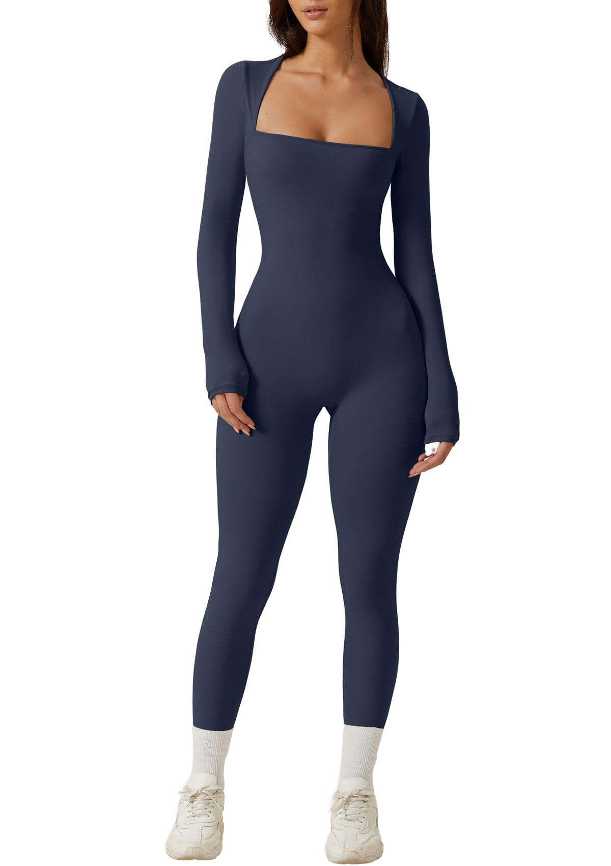 QINSEN Womens Sexy Square Neck Long Sleeve Full Length Leggings Bodycon Stretch Jumpsuit