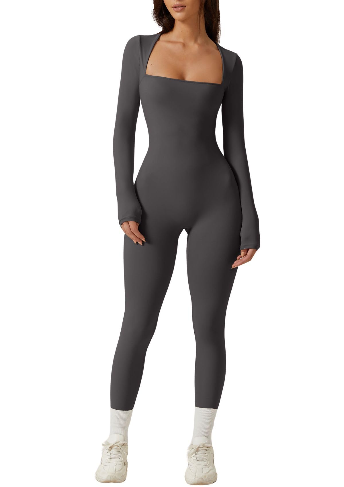 QINSEN Womens Sexy Square Neck Long Sleeve Full Length Leggings Bodycon Stretch Jumpsuit