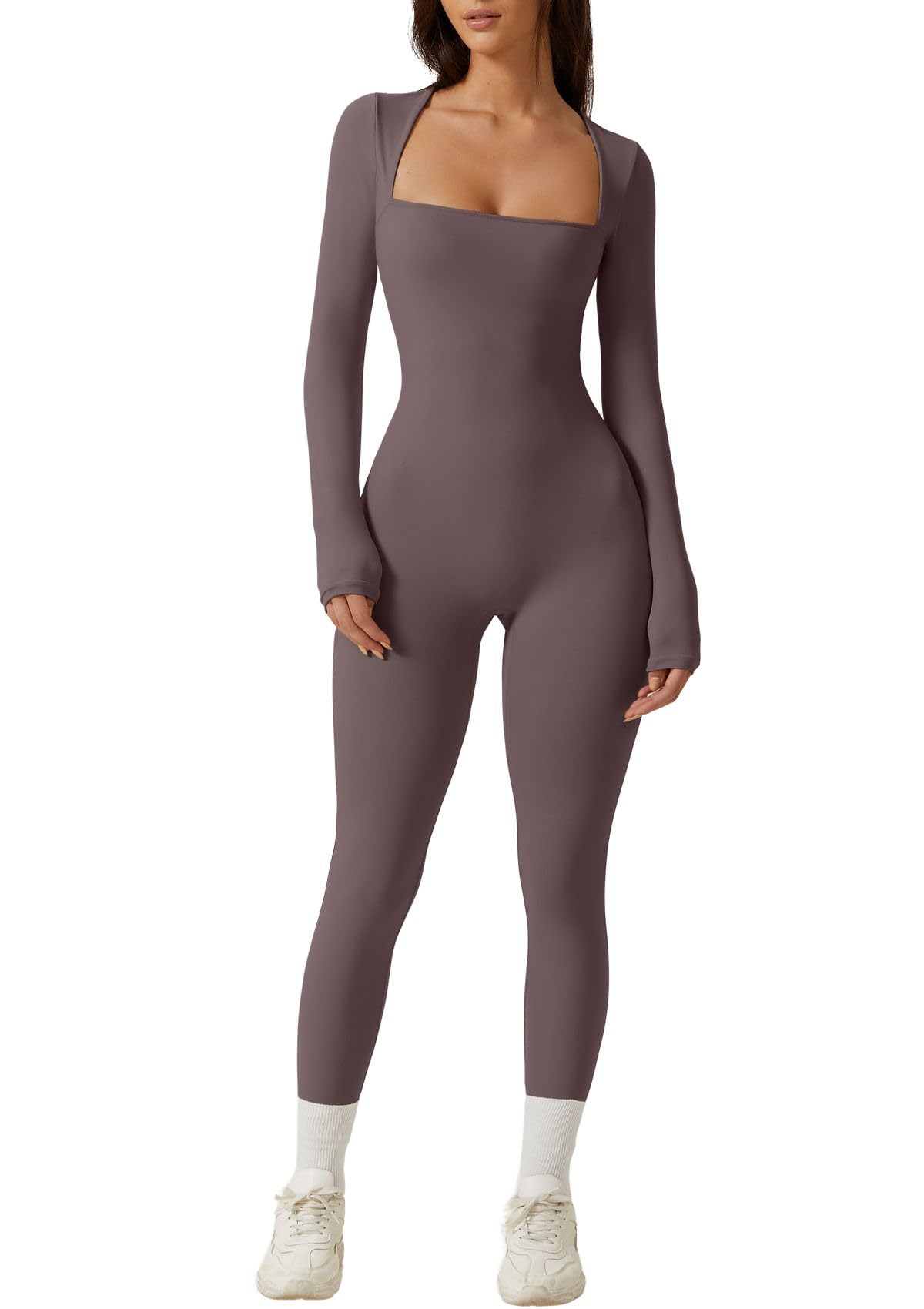 QINSEN Womens Sexy Square Neck Long Sleeve Full Length Leggings Bodycon Stretch Jumpsuit