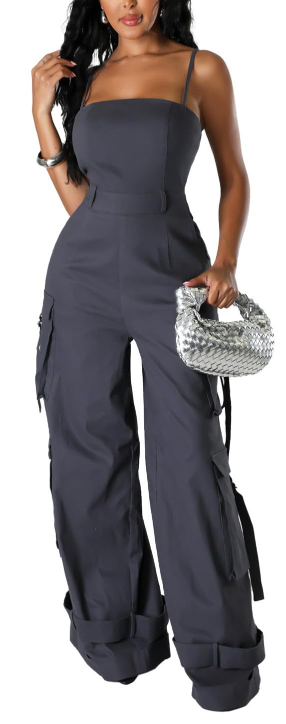 Womens Cargo Jumpsuit Sexy One Piece Outfit Wide Leg Romper Multi Pockets Overalls