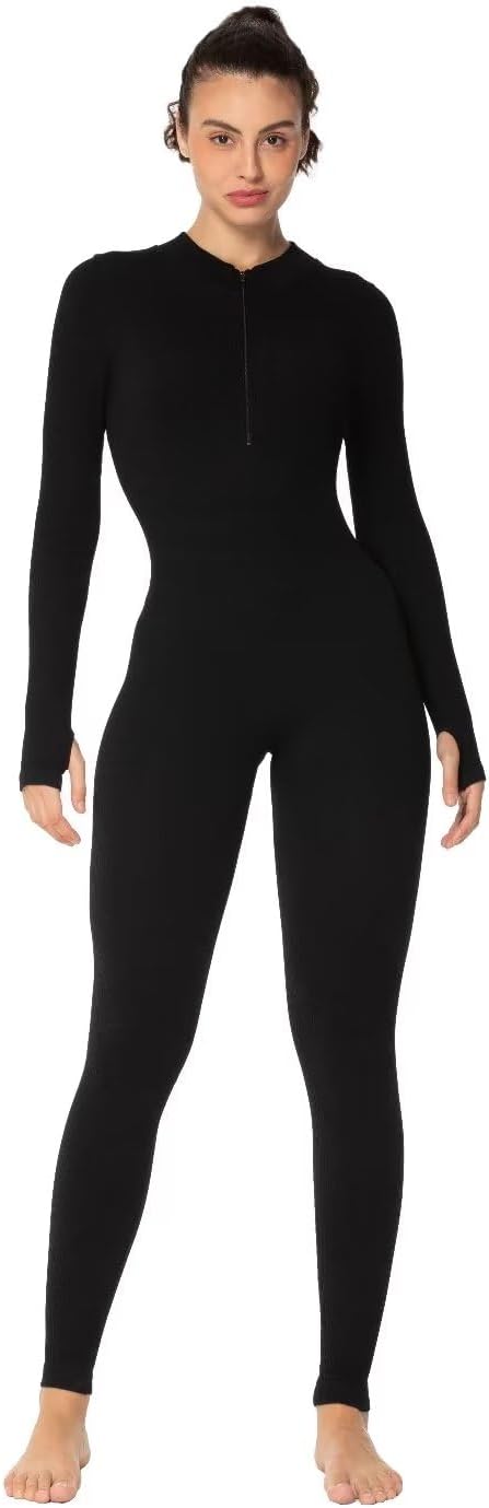 Sunzel Women's Ribbed Long Sleeve Zip Front Yoga Jumpsuit with Thumbholes