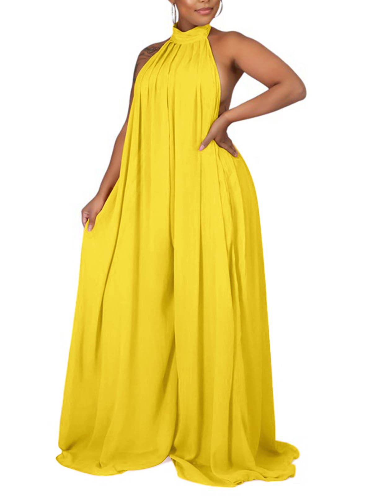 Ekaliy Summer Jumpsuit for Women Dressy Chiffon Halter Neck Jumpsuits