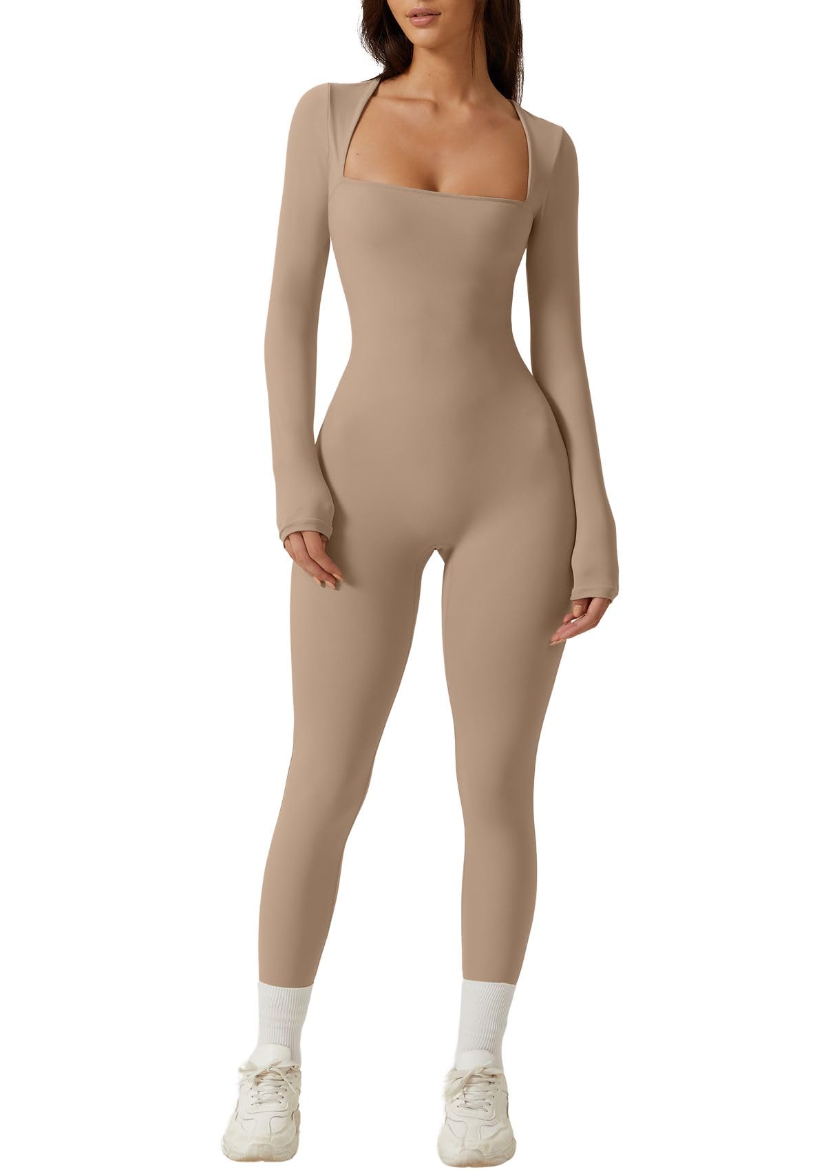 QINSEN Womens Sexy Square Neck Long Sleeve Full Length Leggings Bodycon Stretch Jumpsuit