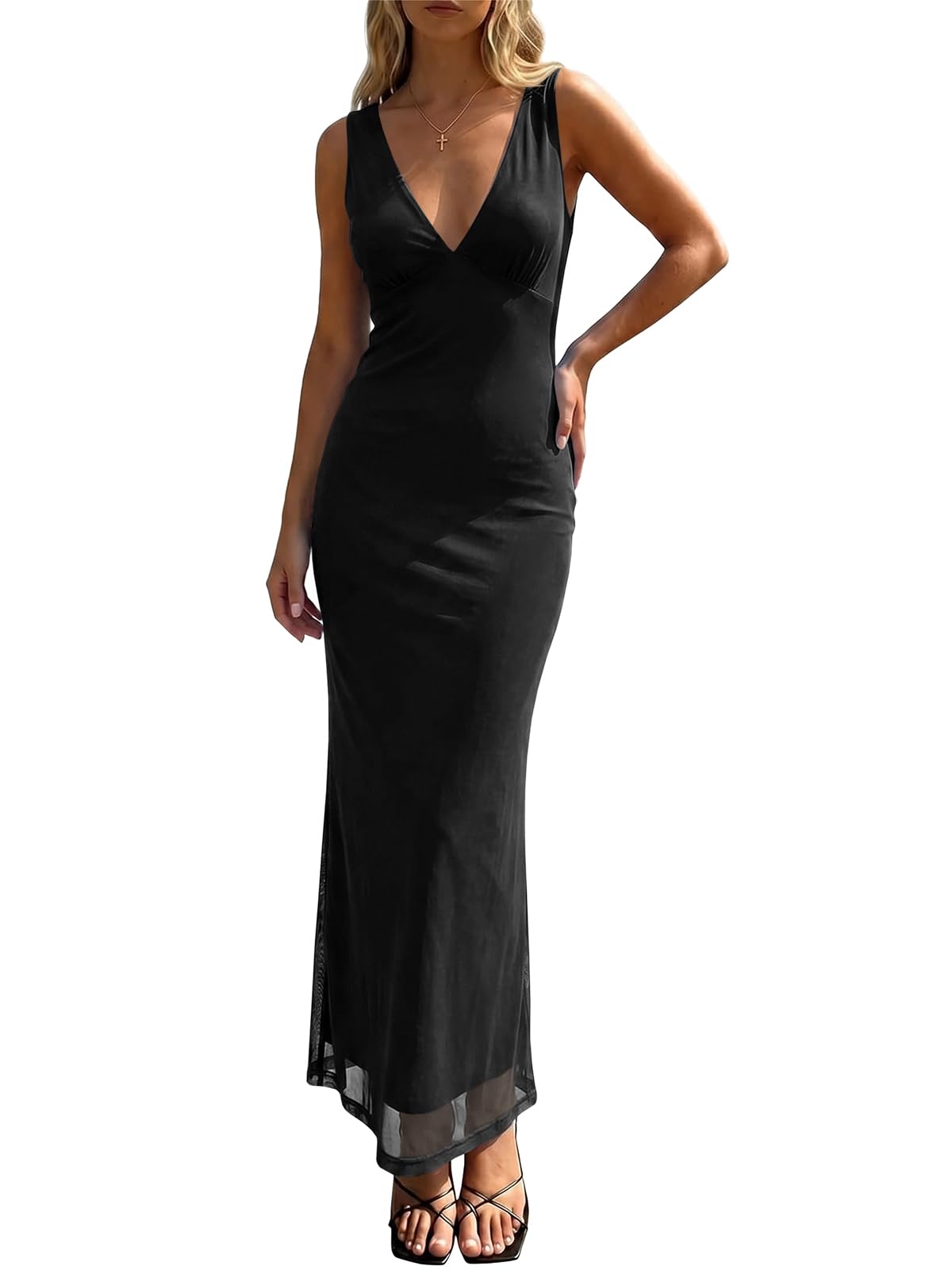 Wenrine Womens Summer Polka Dot Maxi Dress Mesh V Neck Wedding Guest Dress