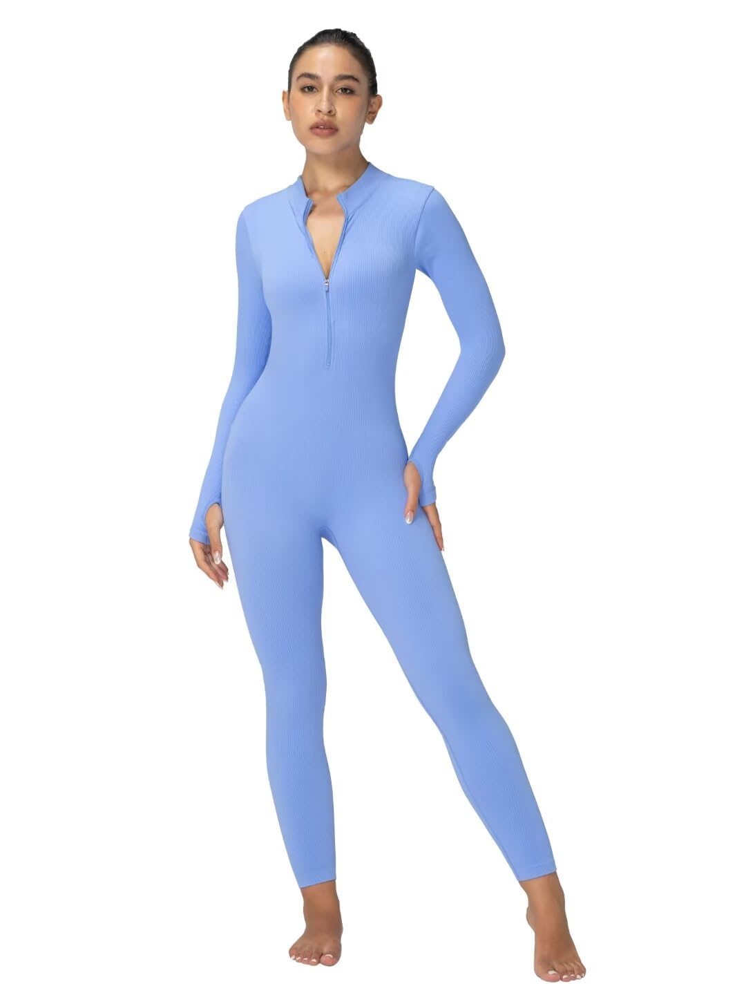 Sunzel Women's Ribbed Long Sleeve Zip Front Yoga Jumpsuit with Thumbholes