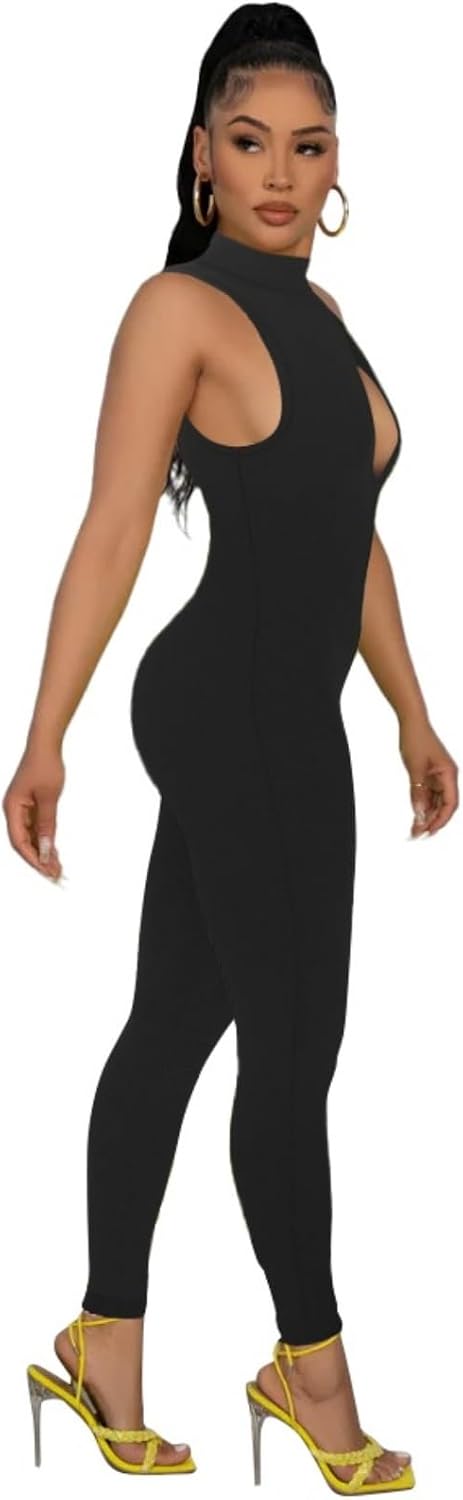 Hafailia Women's Cut out Bodycon Jumpsuit Sleeveless Mock Neck Catsuit