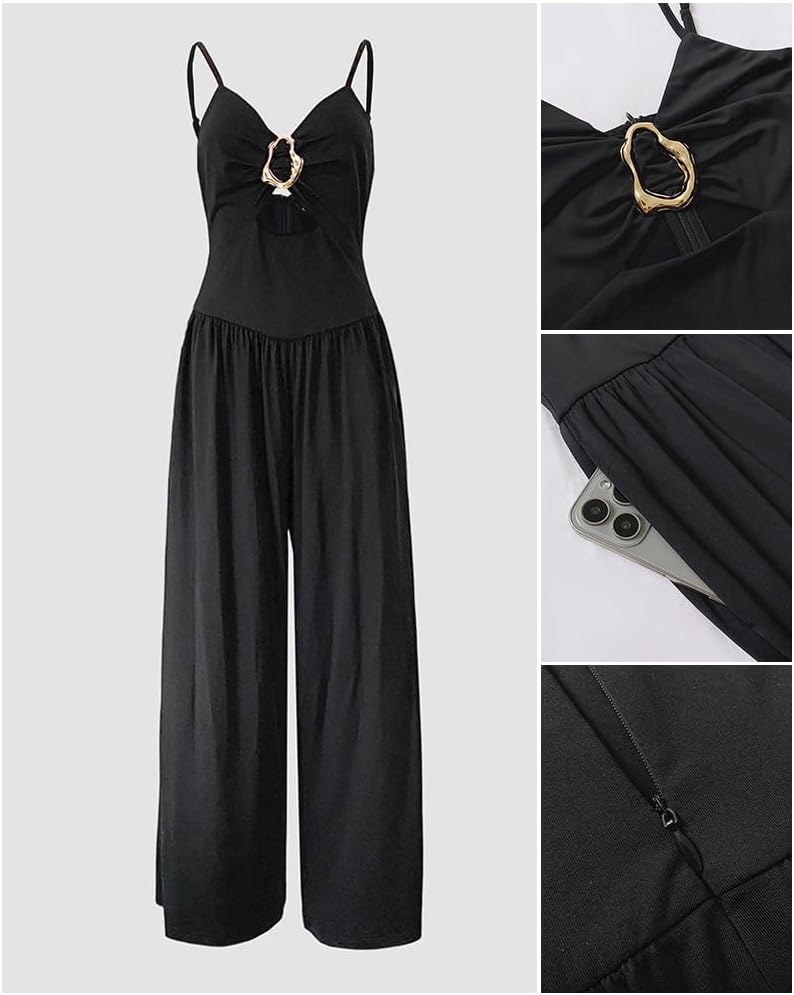 CHICME Women's Cutout Wide Leg Jumpsuit U-Neck Backless Summer Romper