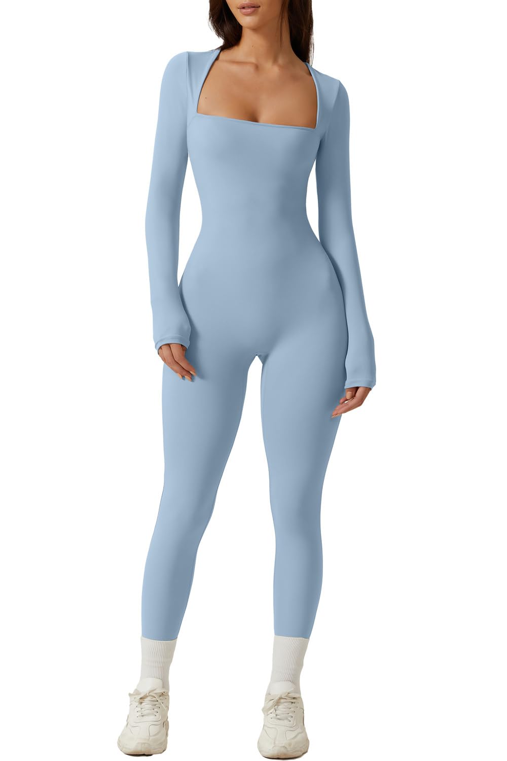 QINSEN Womens Sexy Square Neck Long Sleeve Full Length Leggings Bodycon Stretch Jumpsuit