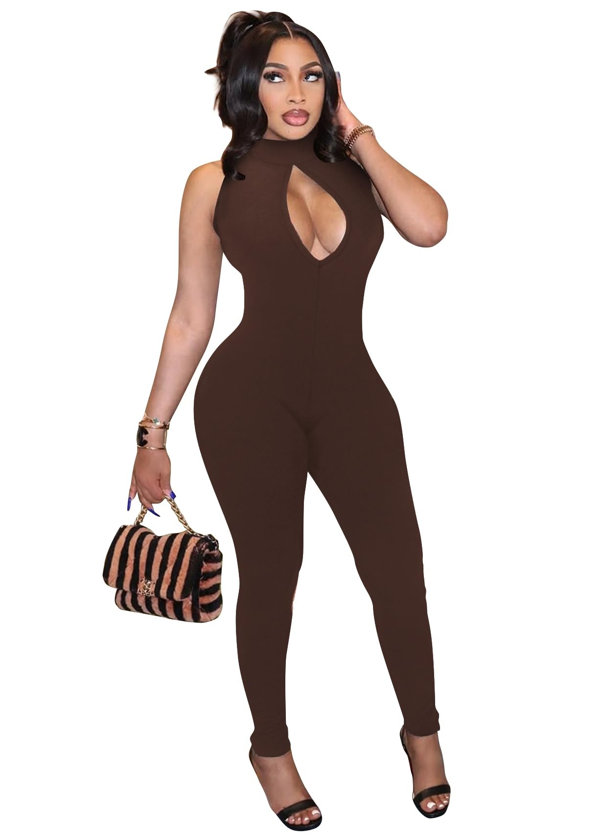 Hafailia Women's Cut out Bodycon Jumpsuit Sleeveless Mock Neck Catsuit