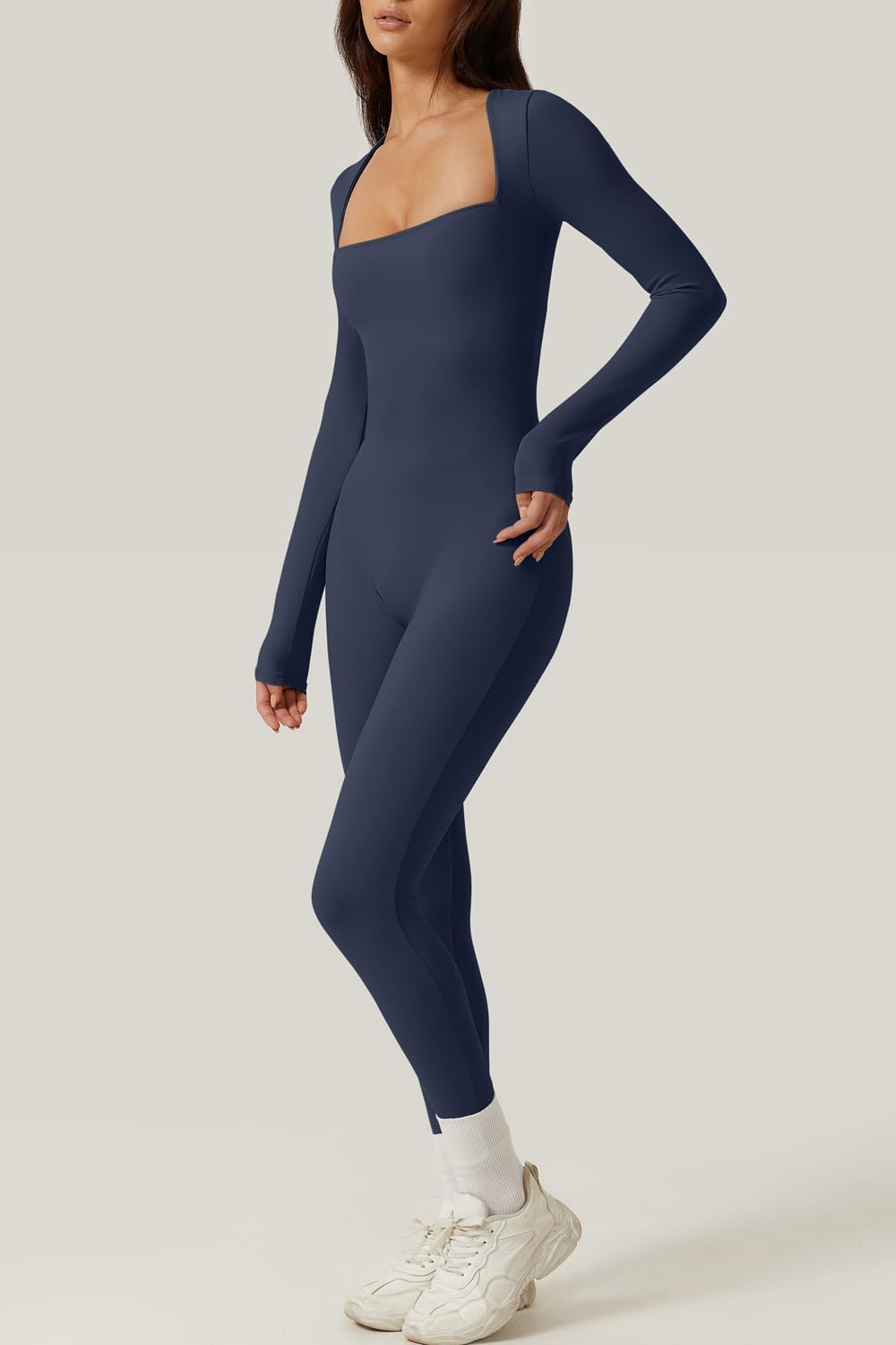 QINSEN Womens Sexy Square Neck Long Sleeve Full Length Leggings Bodycon Stretch Jumpsuit