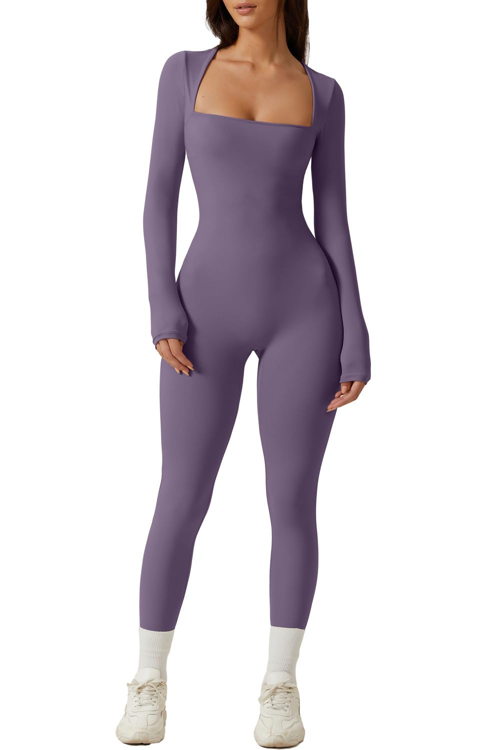 QINSEN Womens Sexy Square Neck Long Sleeve Full Length Leggings Bodycon Stretch Jumpsuit