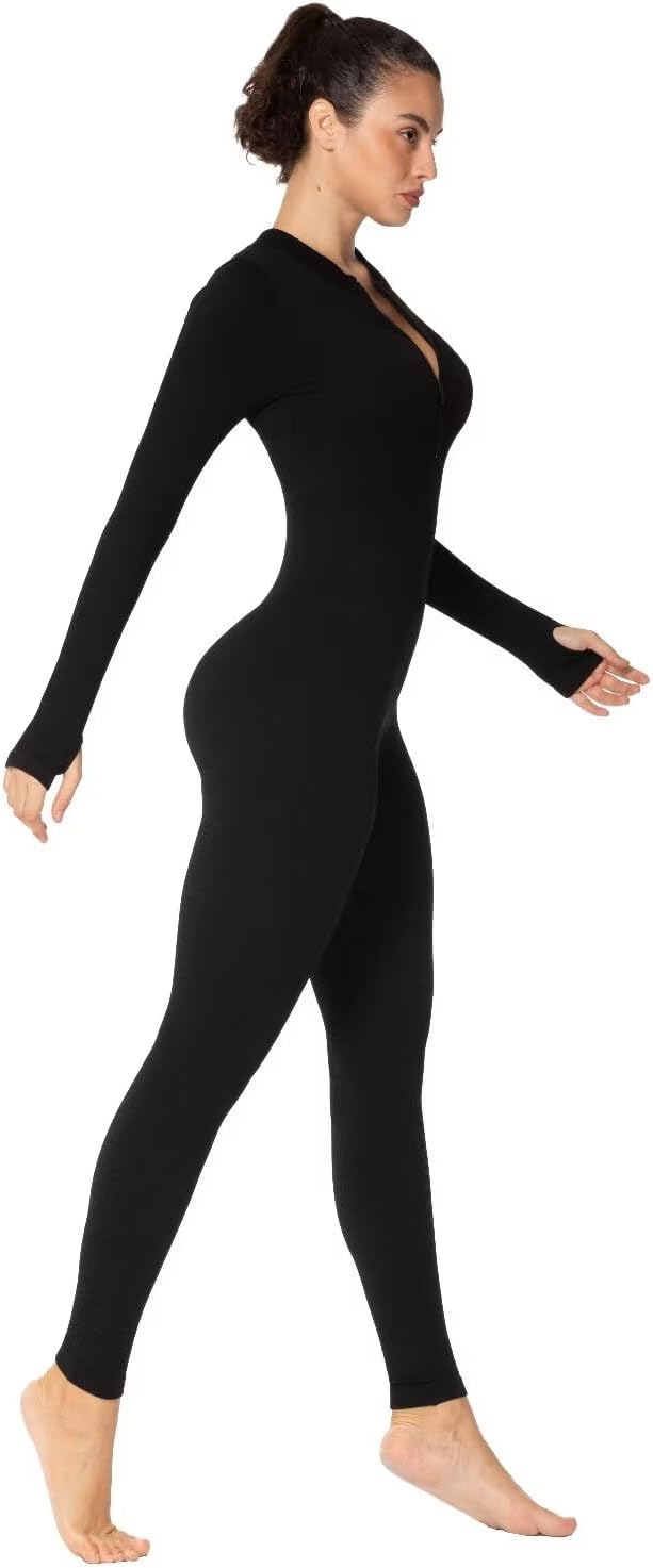 Sunzel Women's Ribbed Long Sleeve Zip Front Yoga Jumpsuit with Thumbholes