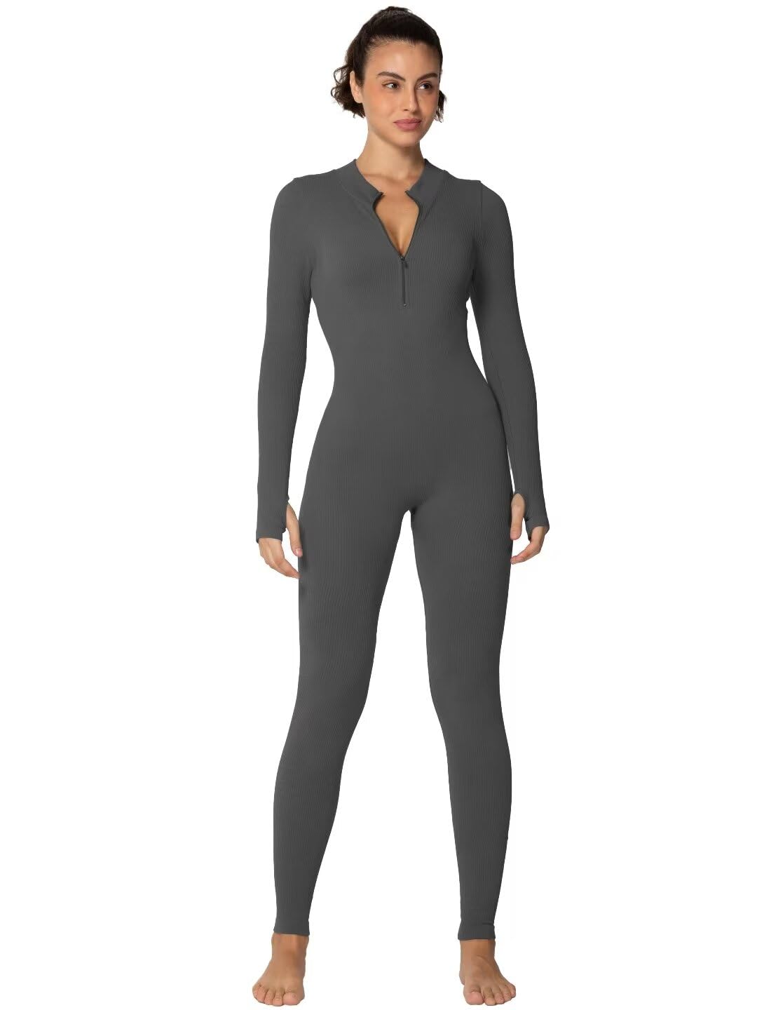Sunzel Women's Ribbed Long Sleeve Zip Front Yoga Jumpsuit with Thumbholes