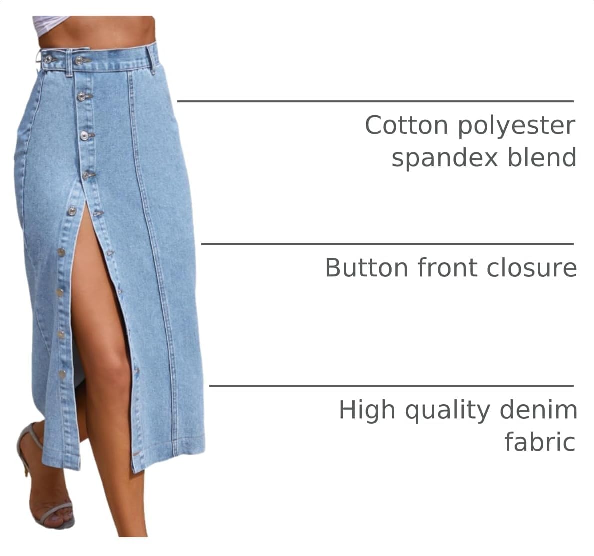 Trendy High Waisted Denim Skirt for Women Button Front Slit Midi Skirt for Ladies Fashion 2025 Summer
