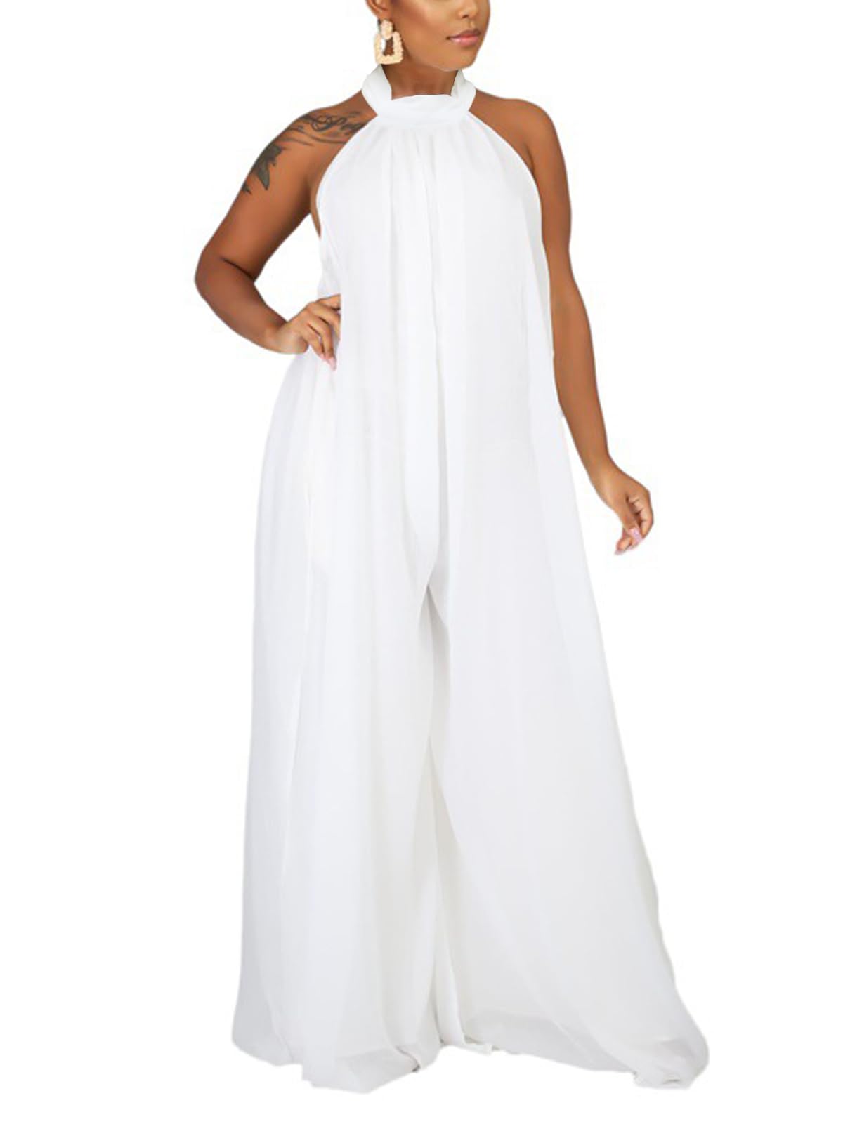 Ekaliy Summer Jumpsuit for Women Dressy Chiffon Halter Neck Jumpsuits