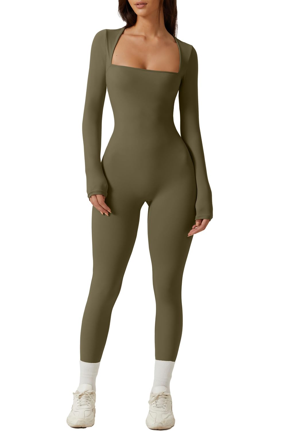 QINSEN Womens Sexy Square Neck Long Sleeve Full Length Leggings Bodycon Stretch Jumpsuit