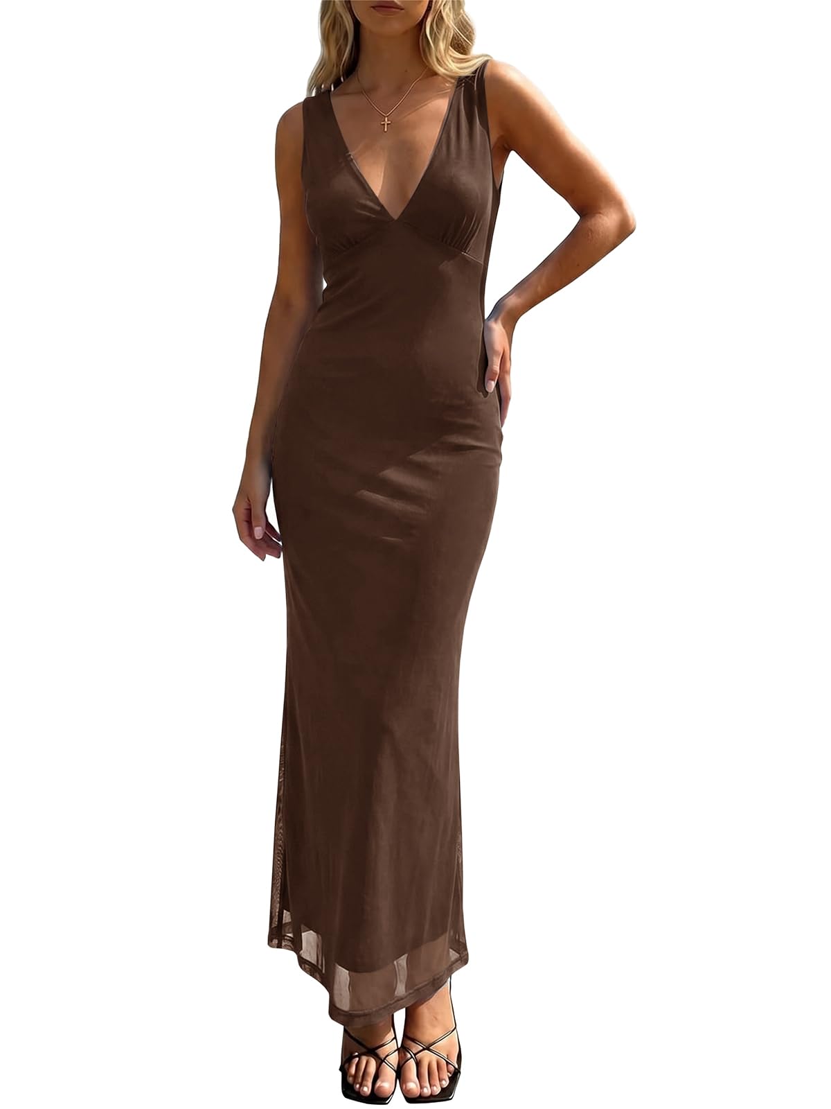 Wenrine Womens Summer Polka Dot Maxi Dress Mesh V Neck Wedding Guest Dress