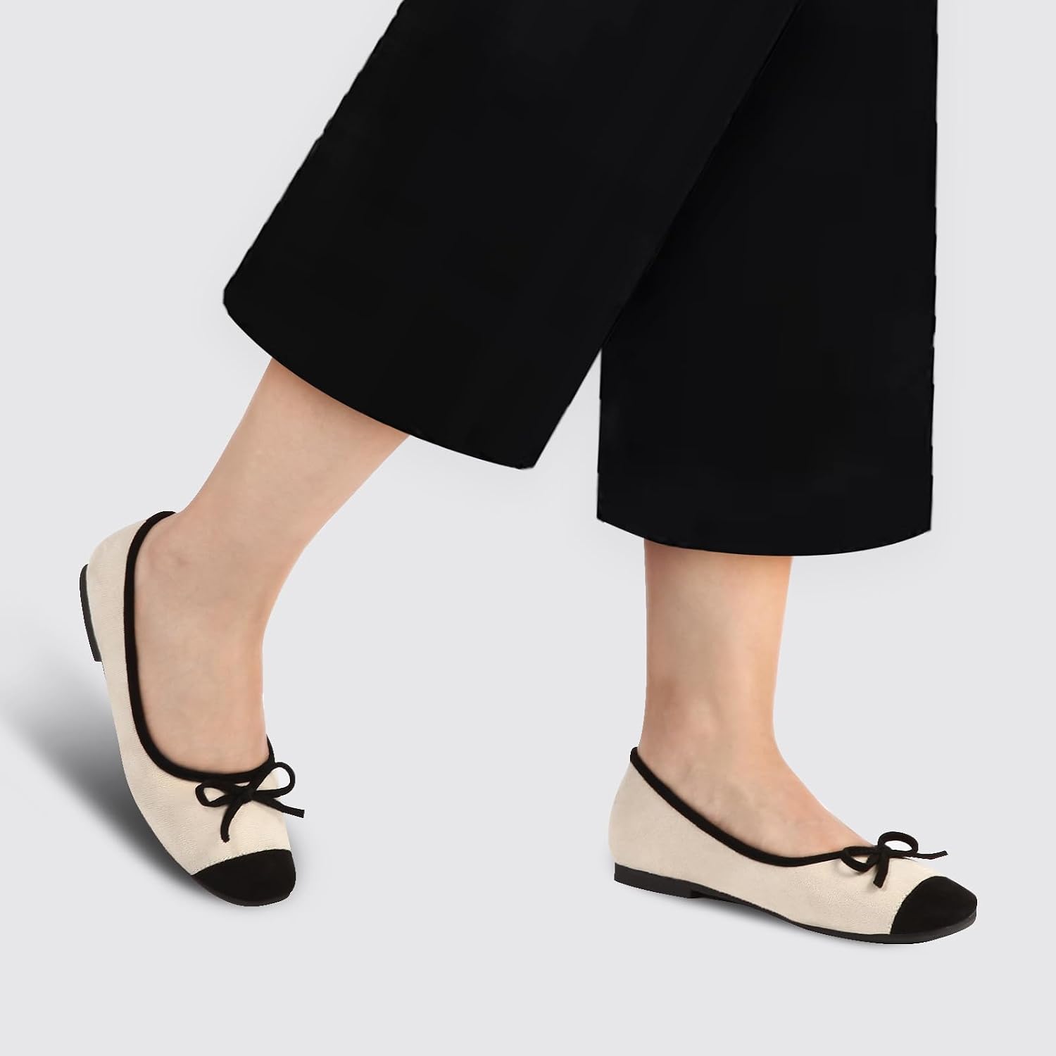 Women's Ballet Flats Cap Toe Bow Flats Two Tone Slip On Flats Comfort Square Toe Dressy Flat Shoes for Casual Work