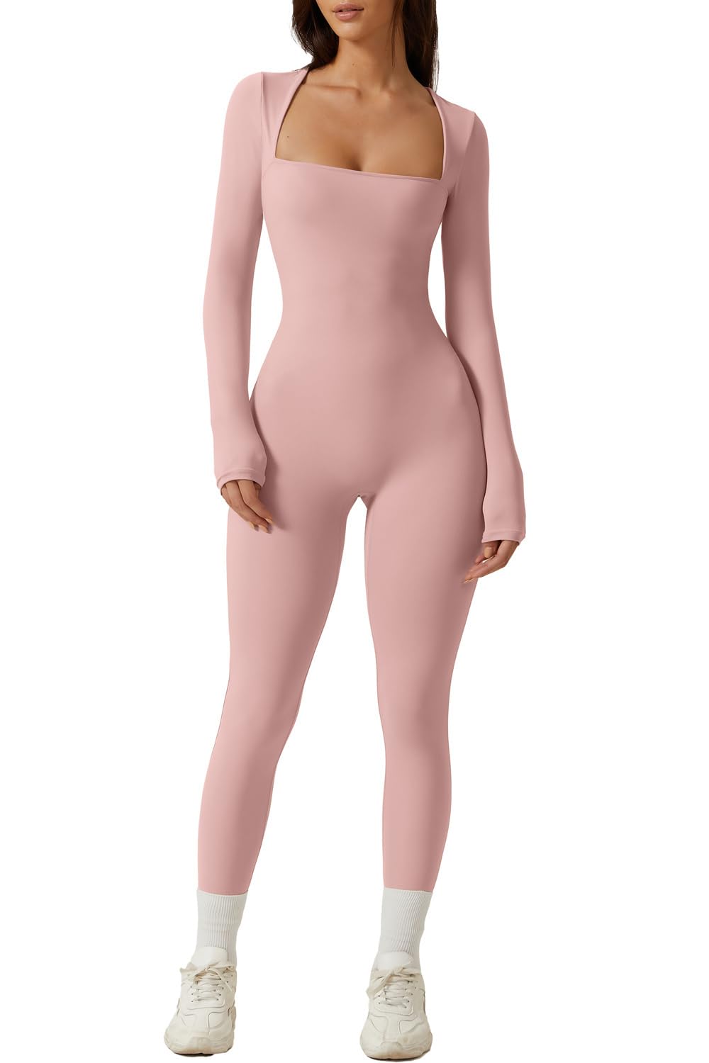 QINSEN Womens Sexy Square Neck Long Sleeve Full Length Leggings Bodycon Stretch Jumpsuit