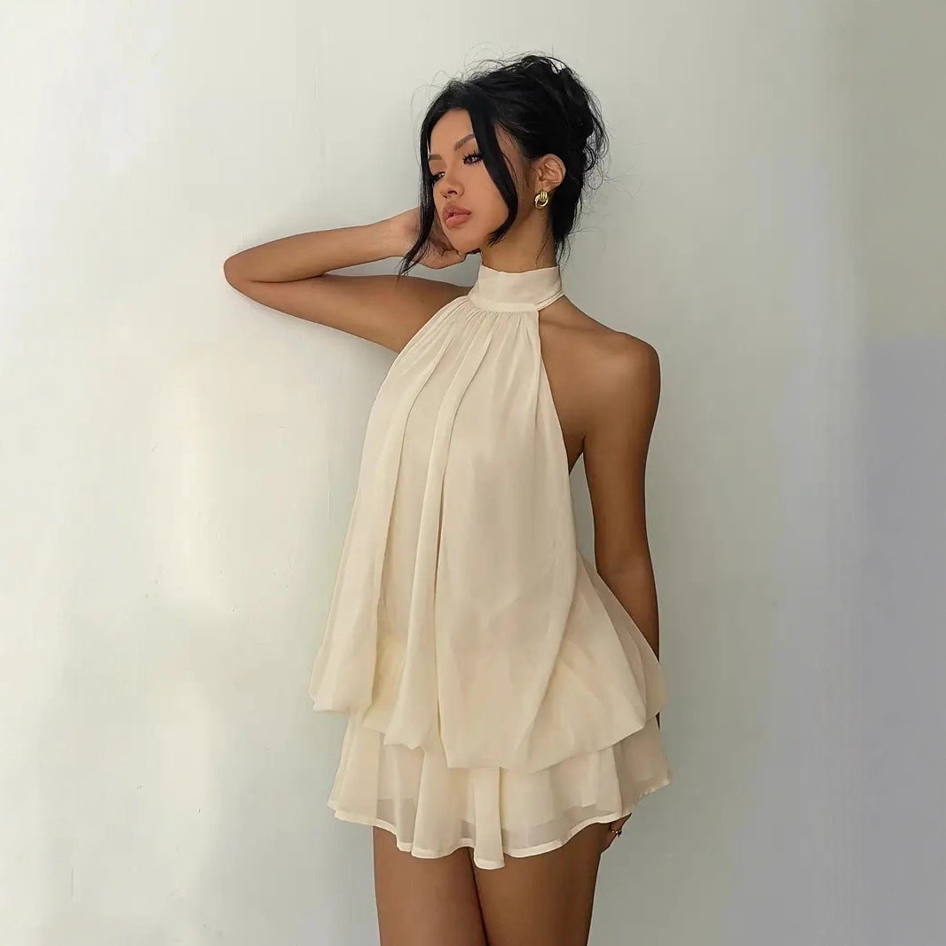 Women's vacation fitted sexy backless halter neck tie-waist dress with puffy short skirt