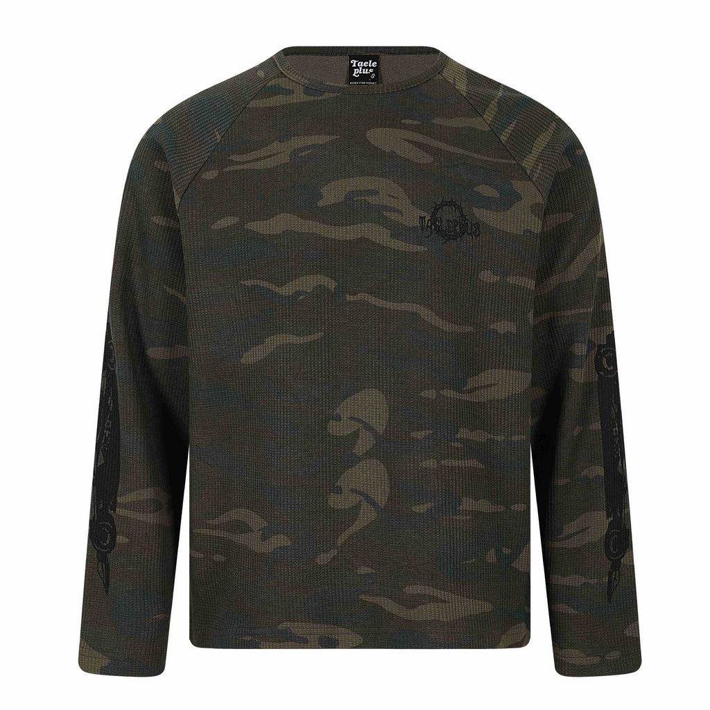 Camouflage Waffle Knit Street Graffiti Printed Long Sleeve T-Shirt for Men