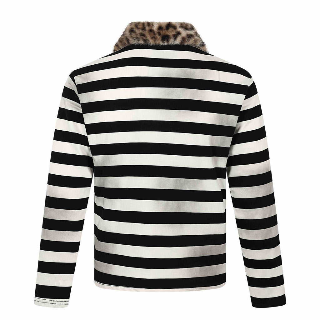 Striped Distressed Spray Print Leopard Collar Polo Long Sleeve T-Shirt Men