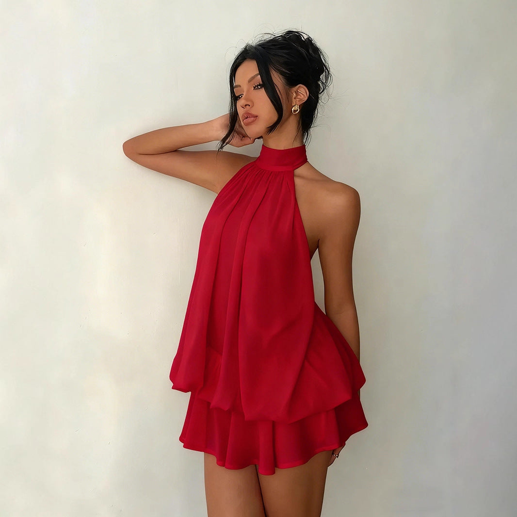 Women's vacation fitted sexy backless halter neck tie-waist dress with puffy short skirt