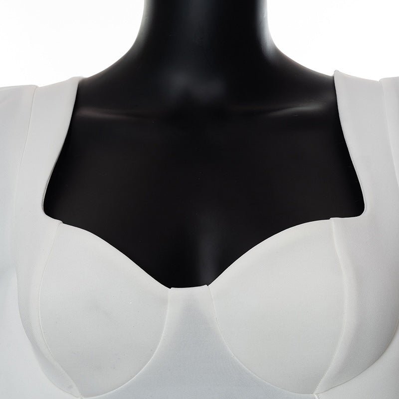 Square collar chest wrapped black fungus edge air layer white top