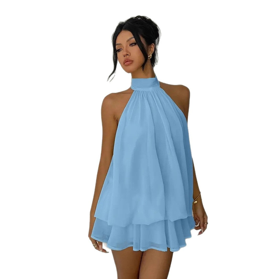 Women's vacation fitted sexy backless halter neck tie-waist dress with puffy short skirt