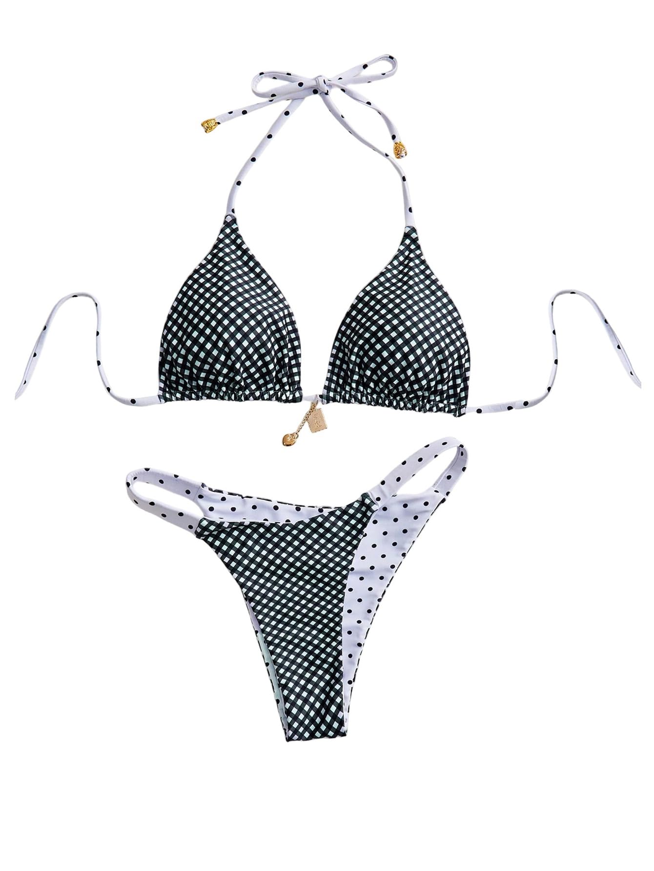 SOLY HUX Women's Polka Dots Bikini Set Halter Triangle Reversible Beachwear
