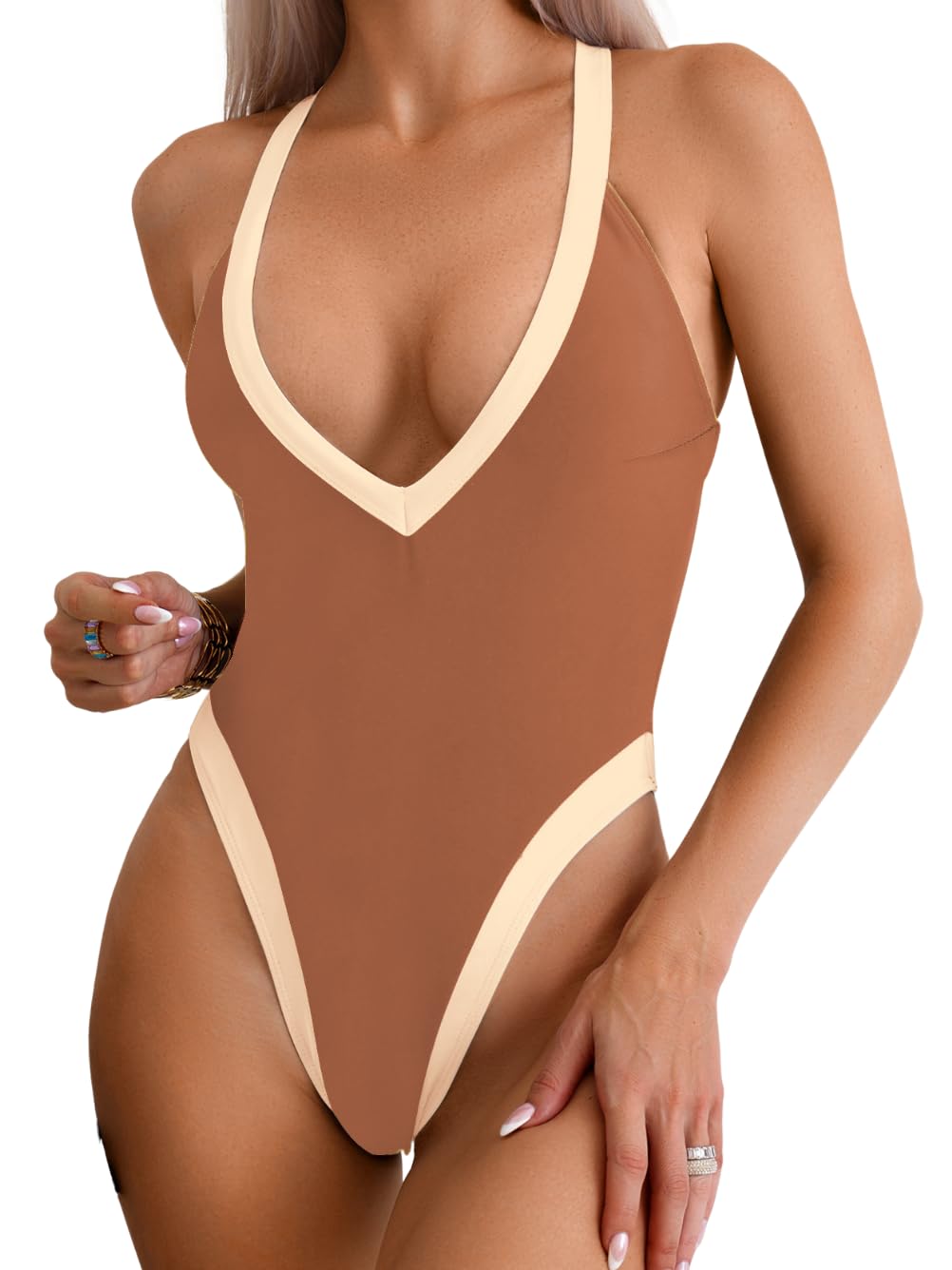 ChiaoLezhee Color Block Swimsuit, Plunge V Neck High Cut, Pool Party Vacation, Sexy Backless One Piece Bathing Suit Cheeky