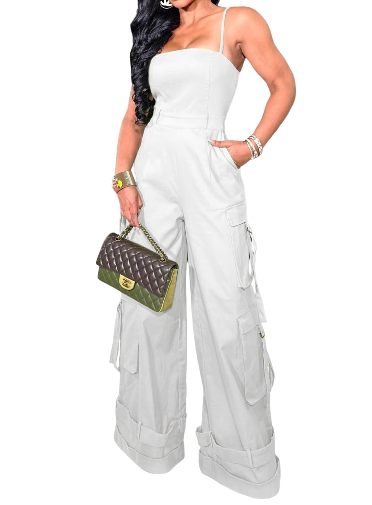 Womens Cargo Jumpsuit Sexy One Piece Outfit Wide Leg Romper Multi Pockets Overalls