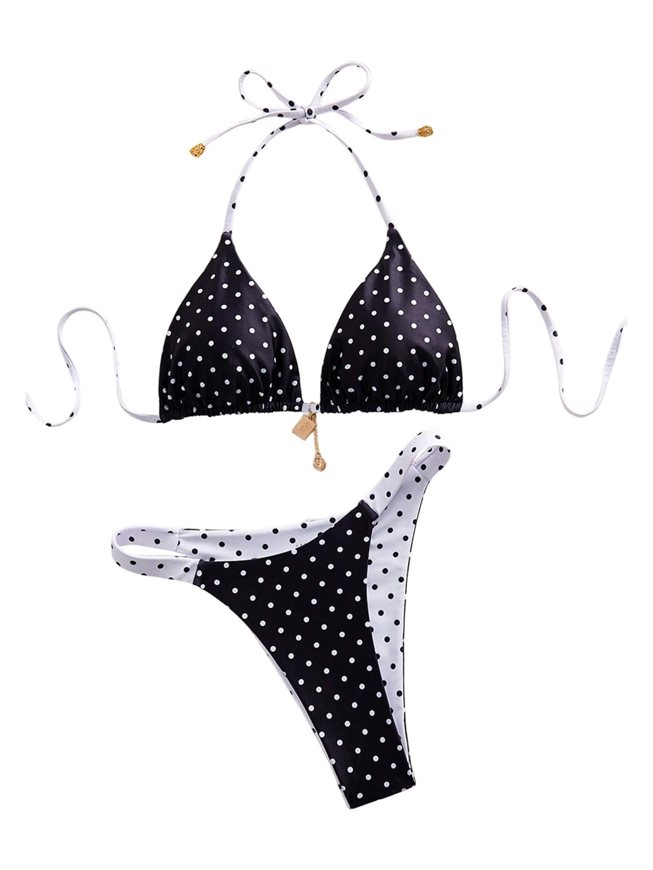 SOLY HUX Women's Polka Dots Bikini Set Halter Triangle Reversible Beachwear
