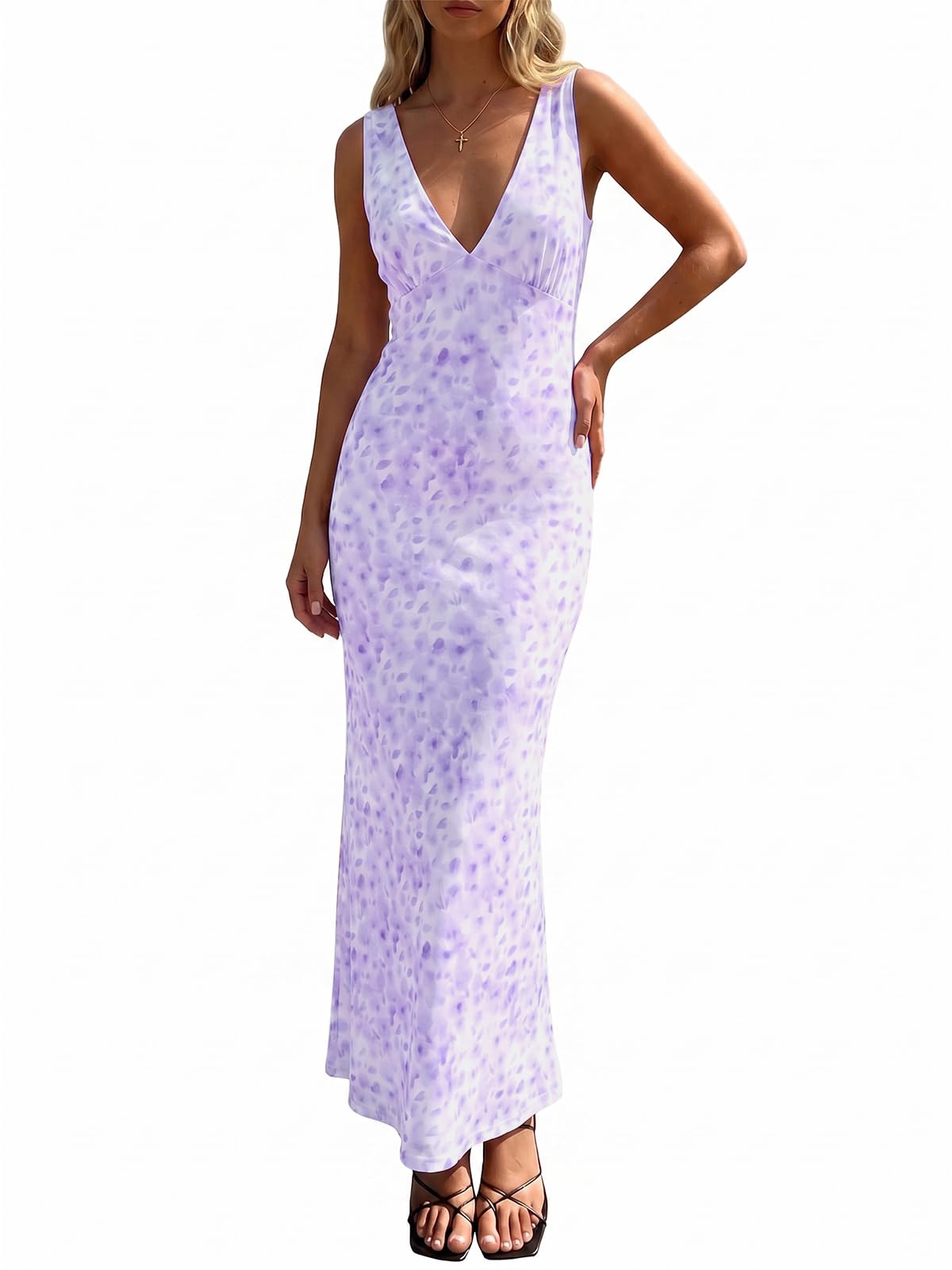 Wenrine Womens Summer Polka Dot Maxi Dress Mesh V Neck Wedding Guest Dress