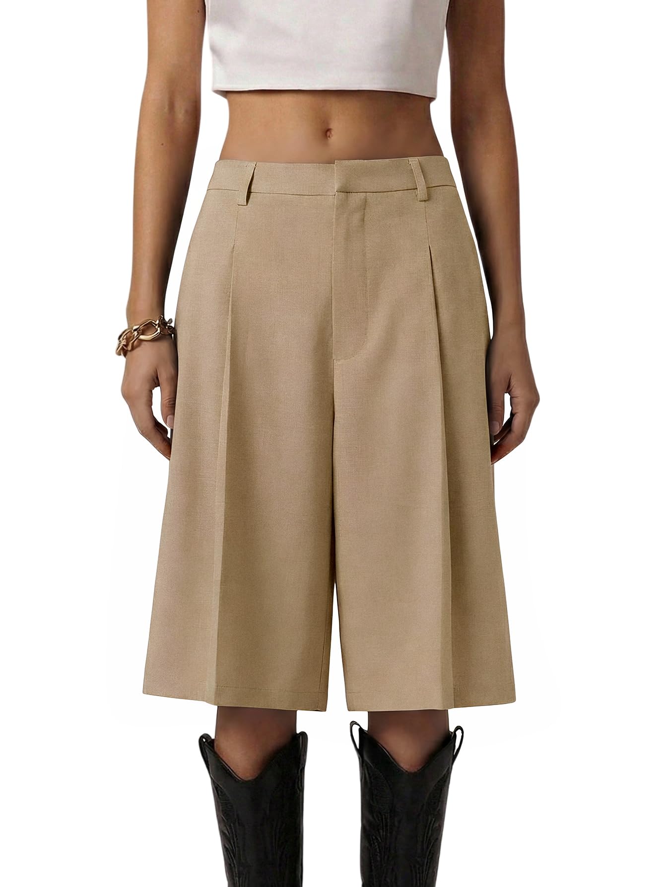 Milumia Women's Dressy Casual Wide Leg Bermuda Shorts Pleated Dress Shorts