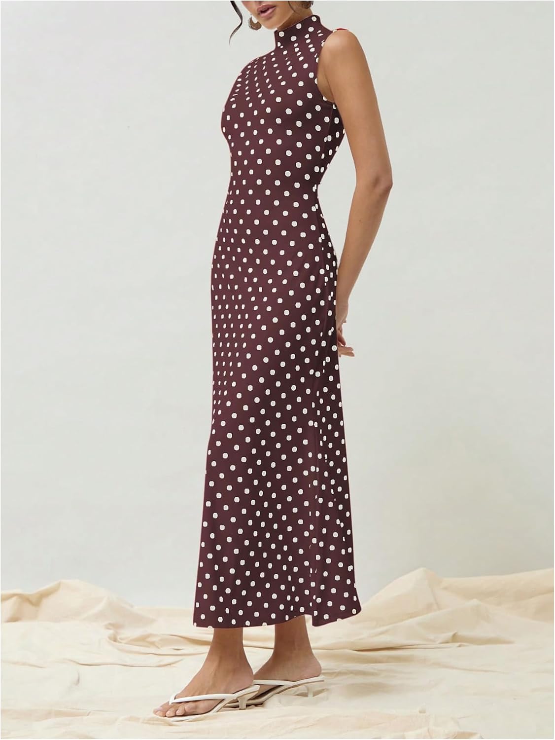 Milumia Women's Polka Dots Maxi Tank Dress Vintage Mock Neck Long Dresses