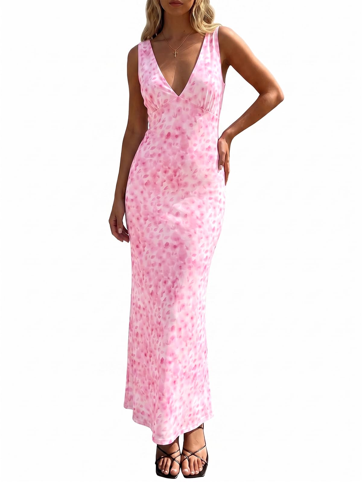 Wenrine Womens Summer Polka Dot Maxi Dress Mesh V Neck Wedding Guest Dress