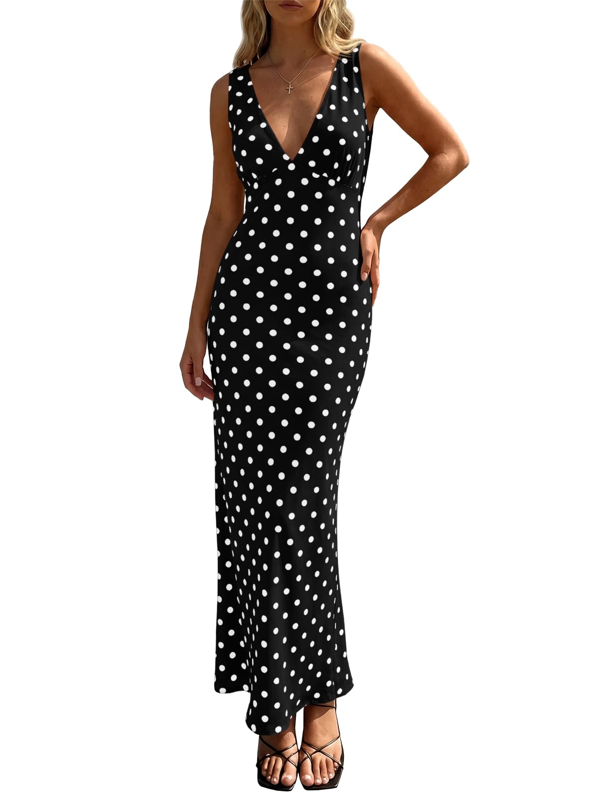 Wenrine Womens Summer Polka Dot Maxi Dress Mesh V Neck Wedding Guest Dress