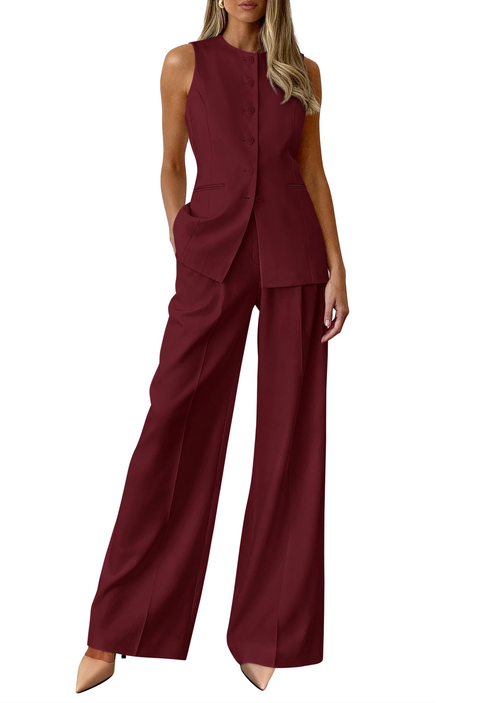 PRETTYGARDEN Women's 2 Piece Sets Business Casual Outfits | Sleeveless Vest Tops, Wide Leg Pants, Pantsuits with Pockets, Button-Front, Work Office Wear, Matching Sets Women Clothing