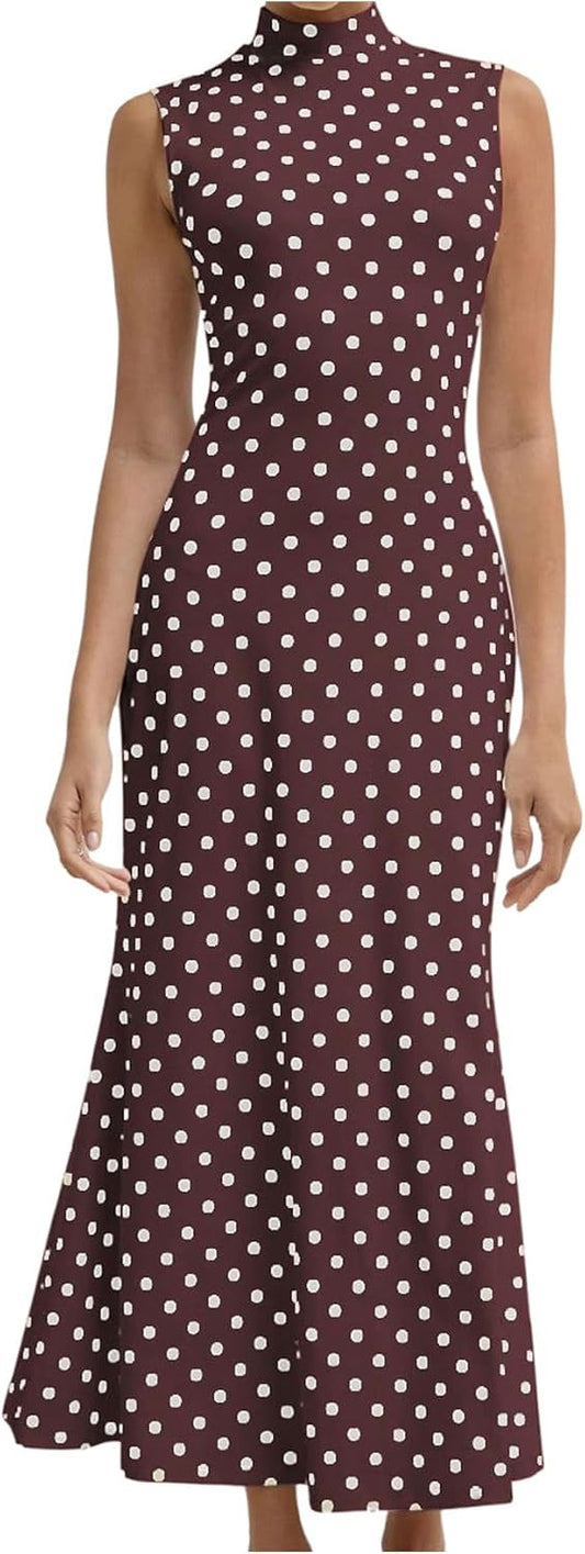 Milumia Women's Polka Dots Maxi Tank Dress Vintage Mock Neck Long Dresses