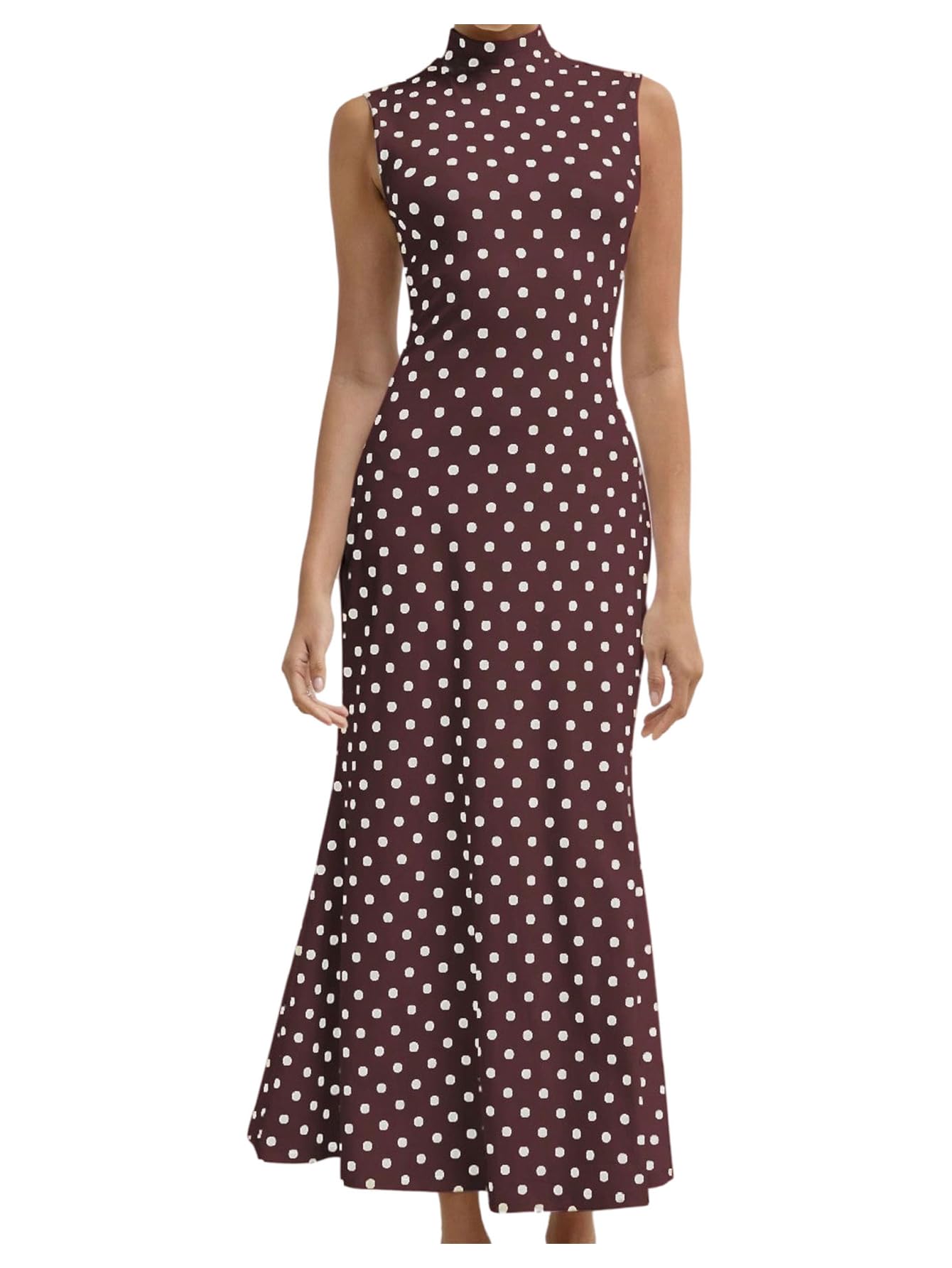 Milumia Women's Polka Dots Maxi Tank Dress Vintage Mock Neck Long Dresses