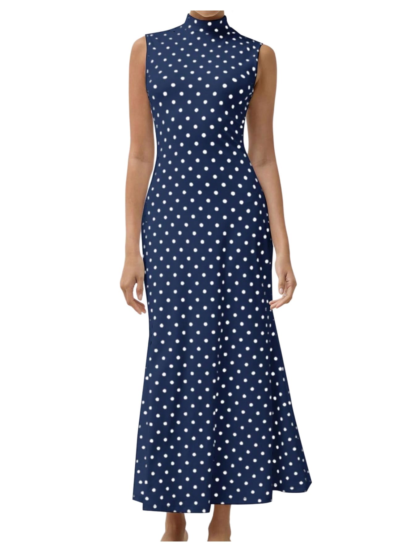 Milumia Women's Polka Dots Maxi Tank Dress Vintage Mock Neck Long Dresses