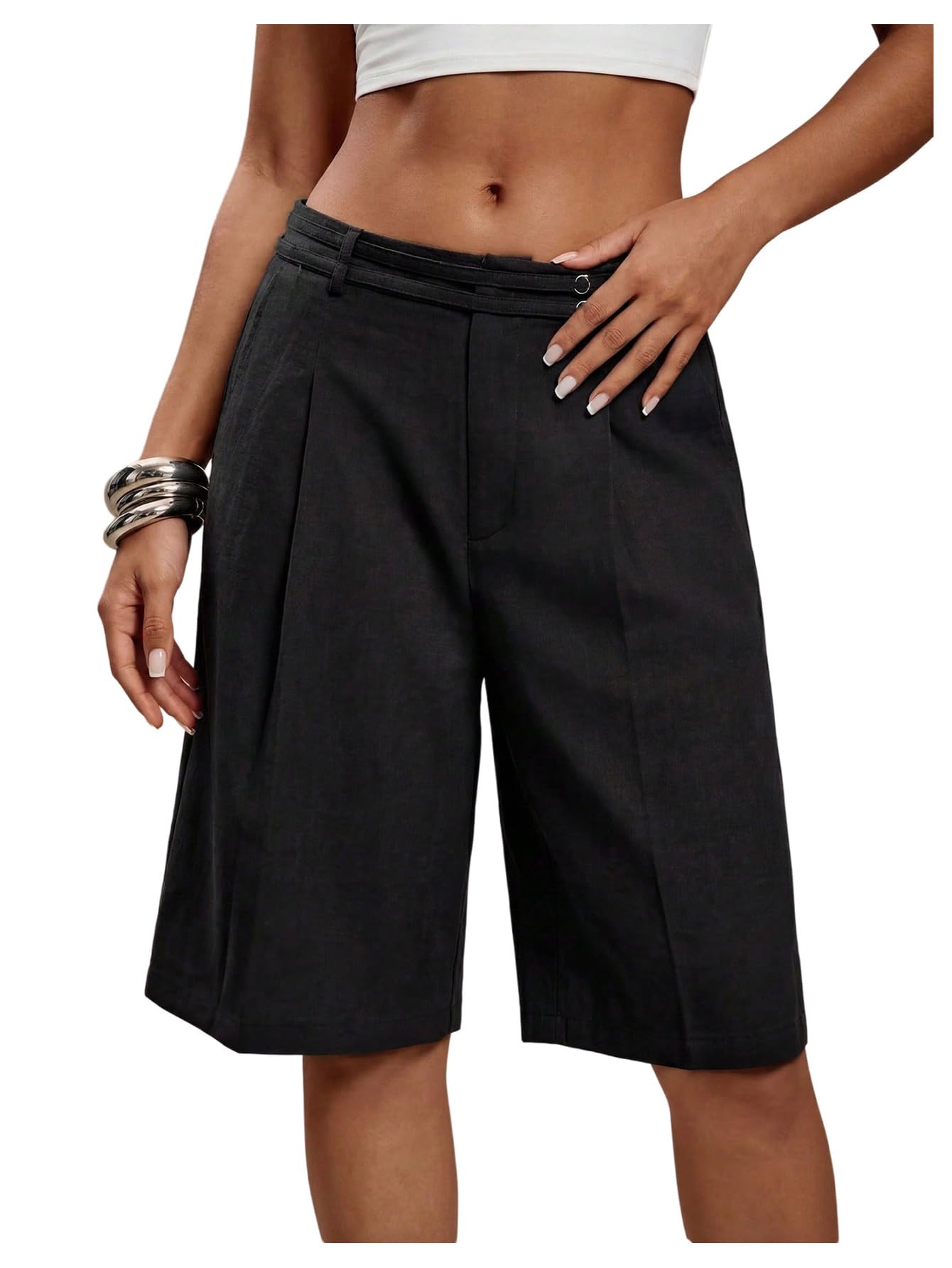 Milumia Women's Dressy Casual Wide Leg Bermuda Shorts Pleated Dress Shorts