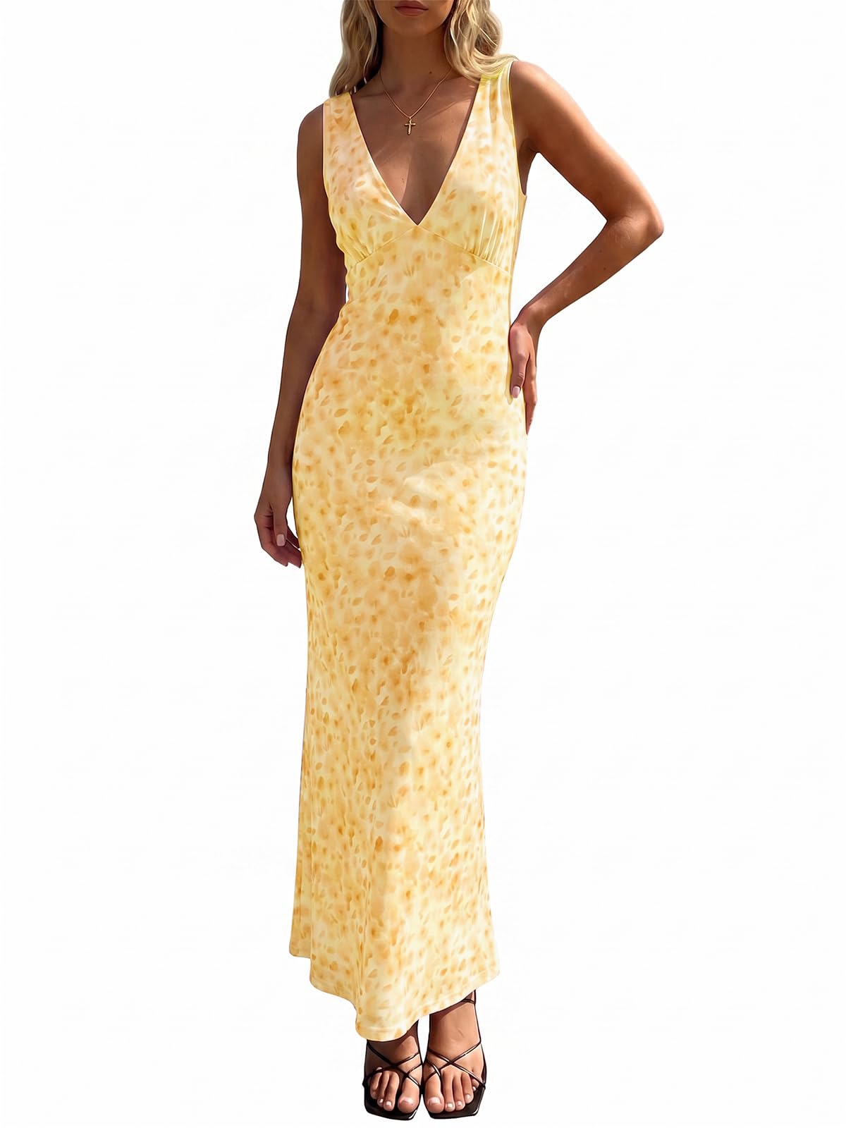 Wenrine Womens Summer Polka Dot Maxi Dress Mesh V Neck Wedding Guest Dress