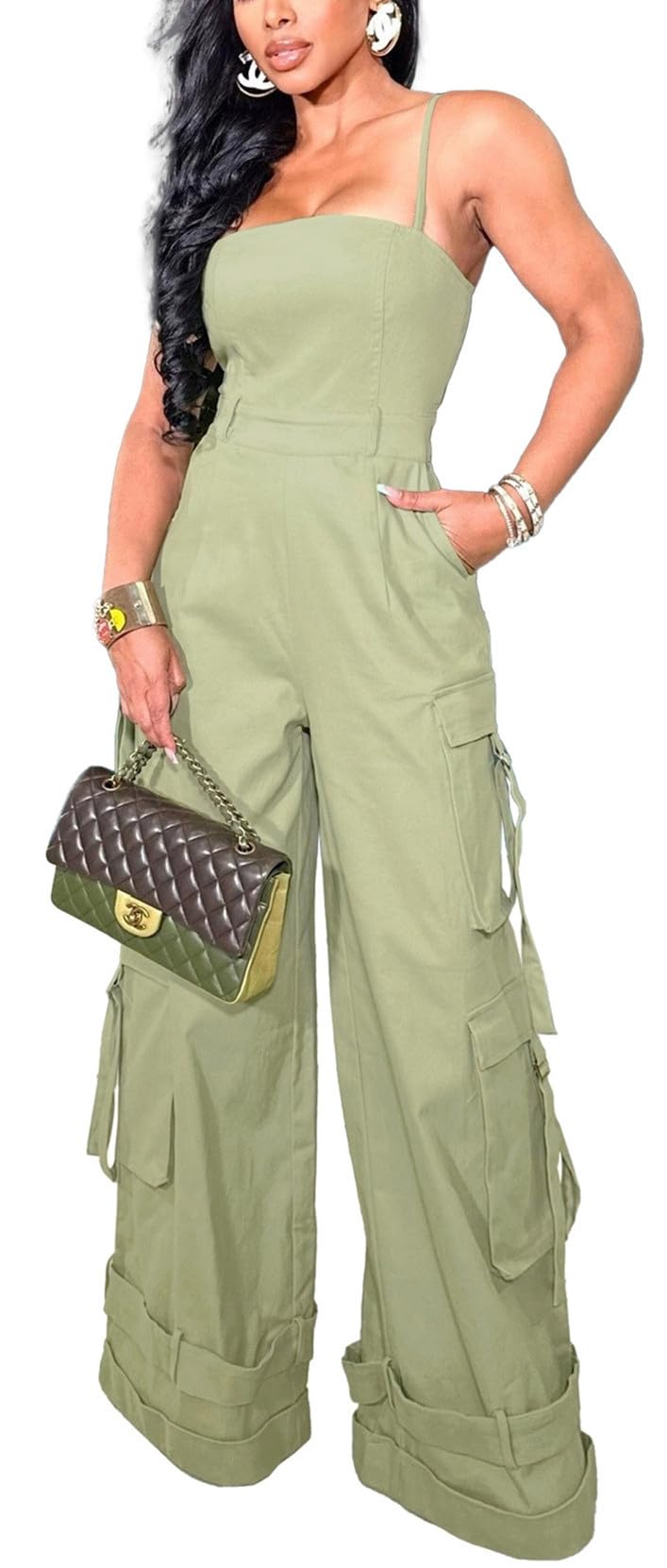 Womens Cargo Jumpsuit Sexy One Piece Outfit Wide Leg Romper Multi Pockets Overalls
