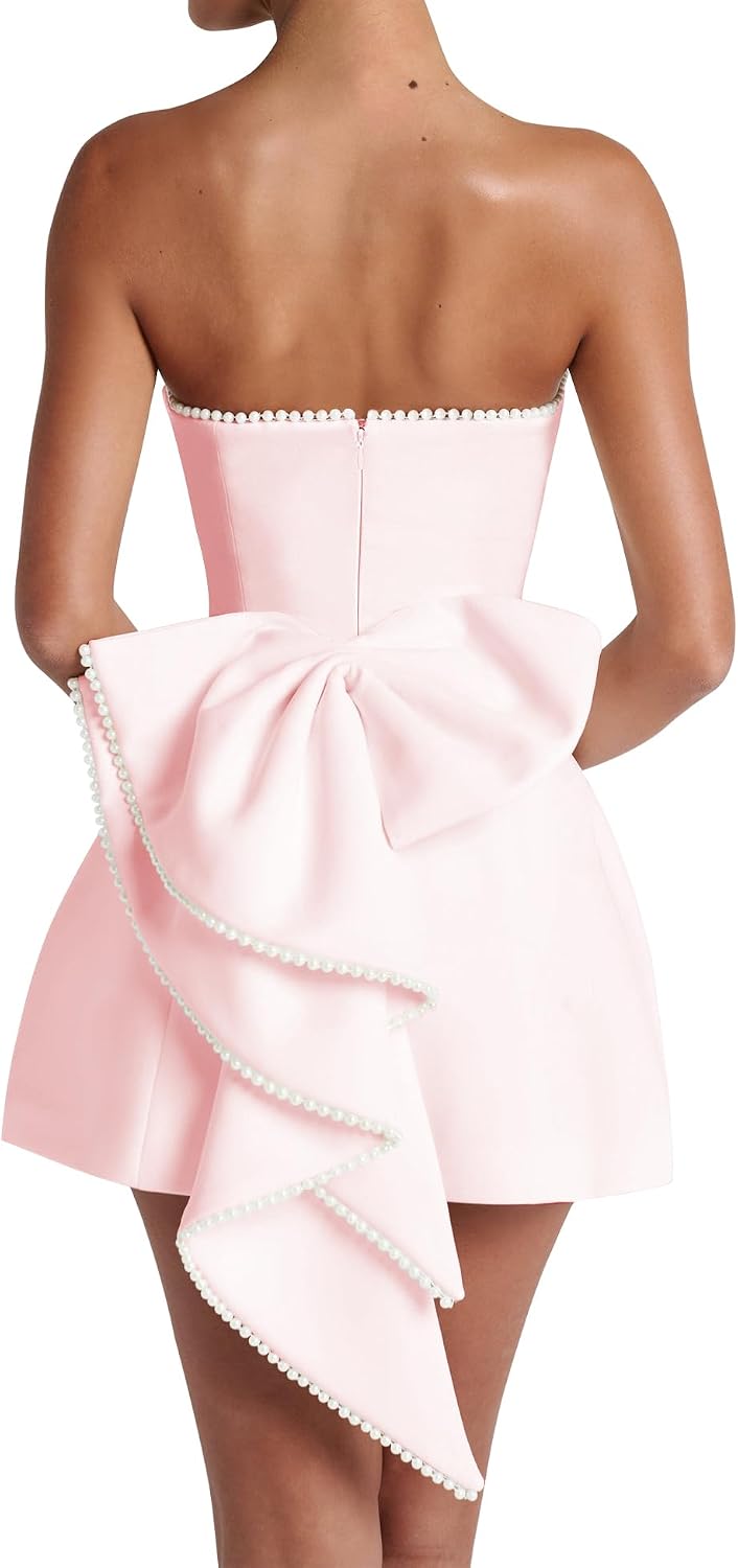 Women's Summer Sexy Strapless A-Line Sleeveless Mini Dress Off The Shoulder Backless Cute Pearl Bow Dress