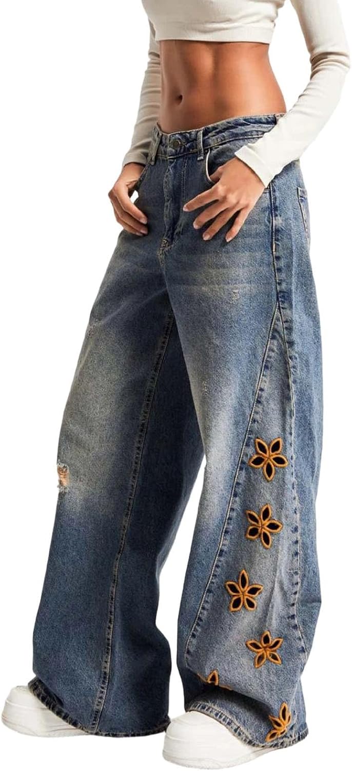 Womens Floral Embroidered Wide Leg Jeans Loose Baggy Casual Pants | Light Wash Jeans Women High Waist Straight Leg For Butt Lifting Leggings Petite Jeggings With Pockets Women'S Pants Leopard