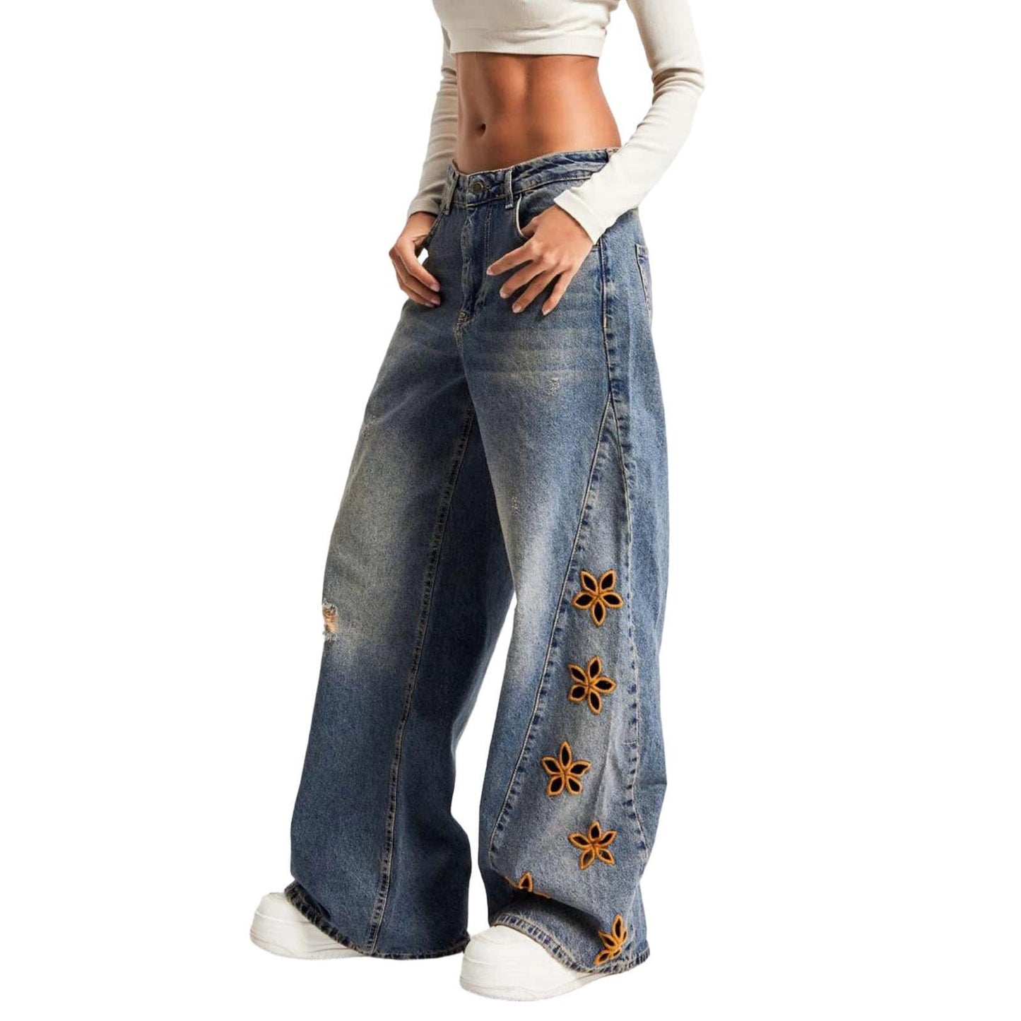 Womens Floral Embroidered Wide Leg Jeans Loose Baggy Casual Pants | Light Wash Jeans Women High Waist Straight Leg For Butt Lifting Leggings Petite Jeggings With Pockets Women'S Pants Leopard